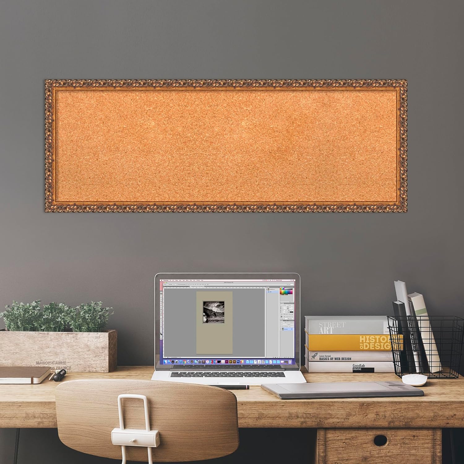 Amanti Art Natural Cork Board for Wall, 14x38 Vision Board with Bronze Frame, Medium Corkboard Office Decor for Home Organization, Traditional Corkboard Pinboard to Display Items for Home