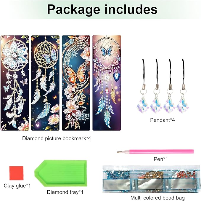 4 Pieces Diamond Painting Bookmarks for Adults 5D Rhinestone Art Bookmarks Dreamcatcher Art Beautiful Butterfly Bookmarks DIY Diamond Painting Bookmarks with Tassels Crafts Supplies