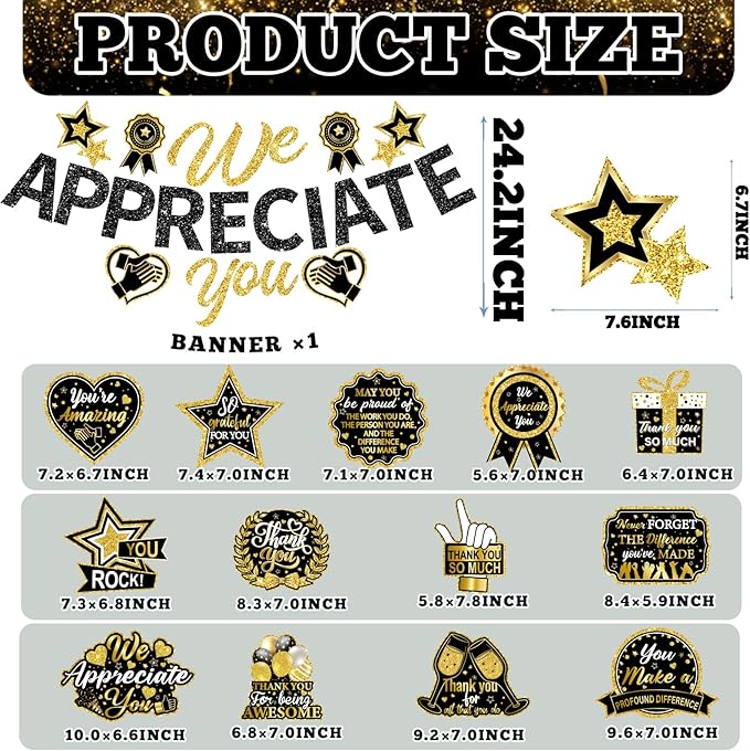 We Appreciate You Decorations, Black Gold Thank You Decorations includes We Appreciate You Banner and Employee Appreciation Table Decorations and Hanging Swirls for Pastor Appreciation Decorations