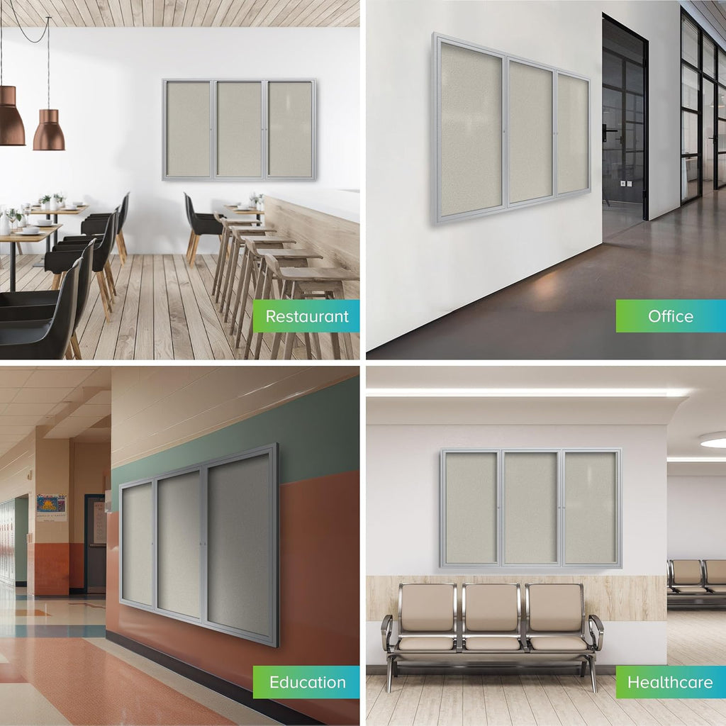 Ghent 48"x96" 3-Door Outdoor Enclosed Vinyl Bulletin Board, Shatter Resistant, with Lock, Satin Aluminum Frame - Ivory (PA34896VX-185), Made in the USA