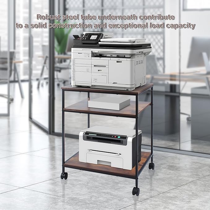 EMERIT 3-Tier Printer Stand for Laser/Inkjet/All-in-One - 23.6x18.9x31.5 Heavy Duty Cart w/Adjustable Shelves & Lockable Wheels, Storage for Scanner/Fax/Supplies - Industrial Home & Office