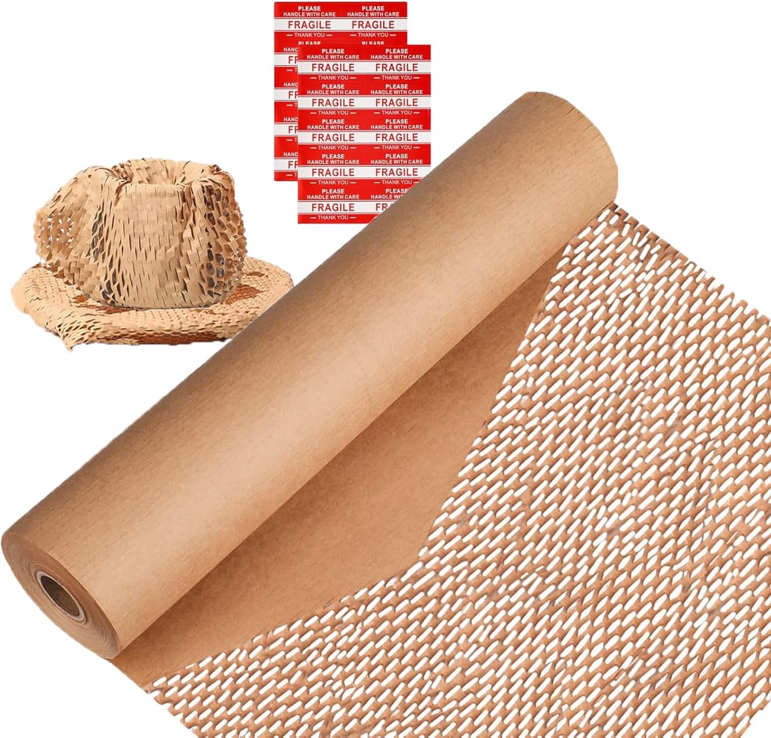 Honeycomb Packing Paper,12" W x 100' L Packing Paper for Moving,Products & Gifts Honeycomb Wrapping Paper,Recyclable and Biodegradable Cushioning Packing Material with 10 Fragile Sticker Labels
