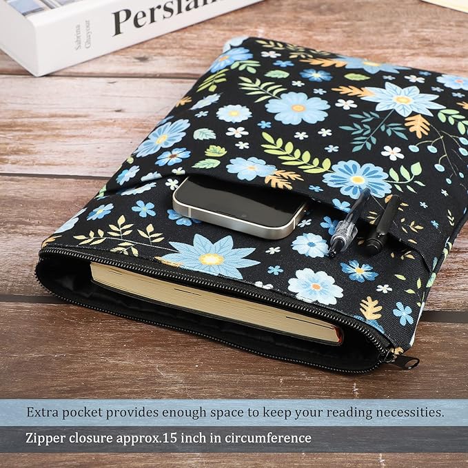 Book Sleeve Book Covers Book Protector Floral Printed with Zipper Washable Fabric for Teen Adult Book Lover Teacher Student(Medium,11 X 8.7 Inch)