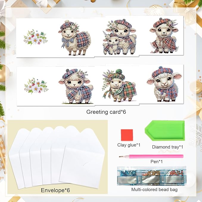 6pcs Diamond Art Painting Kit Greeting Card, Hat Goat 5D DIY Diamond Handmade Holiday Glitter Greeting Card with Envelope, Holiday Gift Congratulation