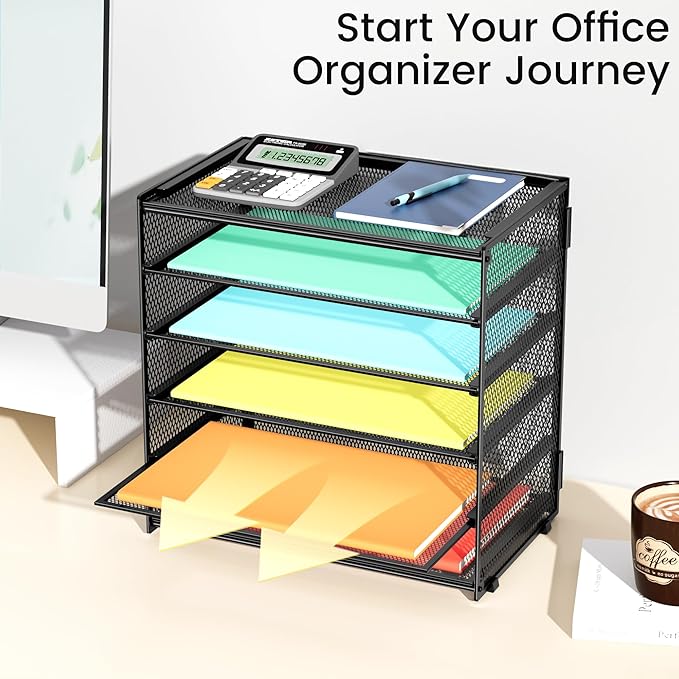 6 Tier Paper Organizer, Metal Mesh Desk File Organizer, Letter Tray Organizer, Paper Sorter Desk Organizer for Office, Home or School File Folder Holder - Black