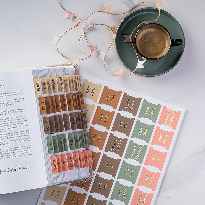 DiverseBee Laminated Bible Tabs (Gold Embossed Lettering), Bible Journaling Supplies, Bible Book Tabs, Christian Gift, 73 Bible Tabs for Women and Men, Includes 4 Blank Tabs (Meadow)