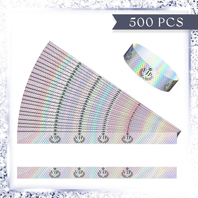 Jadive 500 Pieces Paper Wristbands VIP Plastic Waterproof Party Identification Wristbands Party Bracelets for Events Amusement Parks, Club, Concerts, Fairs, Festivals and Events(Neon Silver)