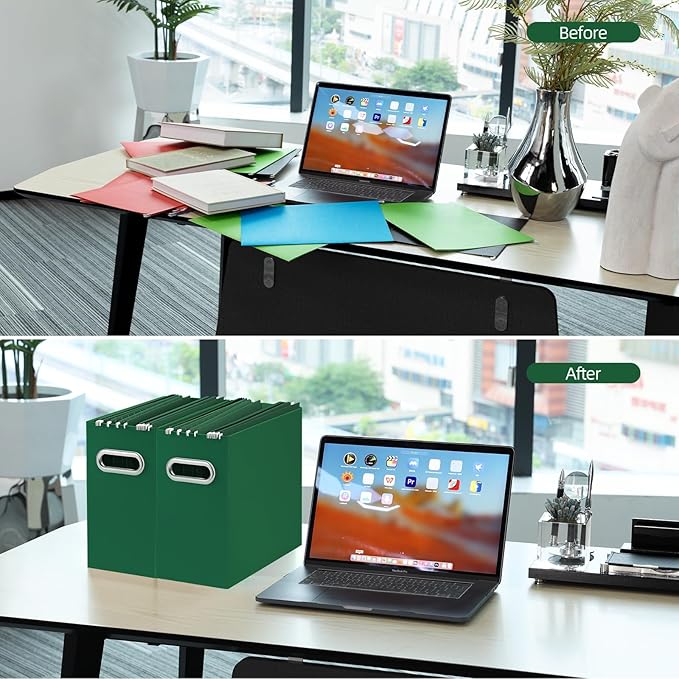 Oterri File Organizer, Small Storage Box, Cardboard File Folder Organizer, Collapsible File Box, Hanging File Organizer for Letter Size, Portable File Box with Handle, Only Box (Dark Green,8 Packs)