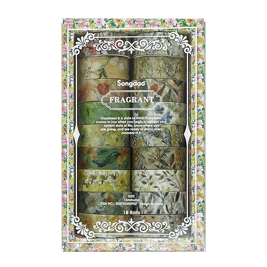 18 Rolls Blossom Washi Tape Set Floral Arts Adhesive Tapes Flowers Garden Decorative Masking Tape Sets for Craft, Kids, Scrapbook, DIY, Gift Wrapping (Golden Harvest)