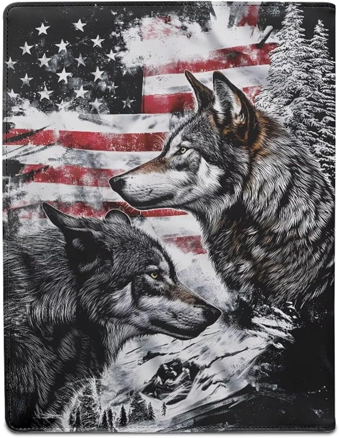 Cozeyat Portfolio Organizer Padfolio for Men American Flag Wolf PU Leather Portfolio A4 PU Leather Conference Folder Letter Size Document Organizer Binder