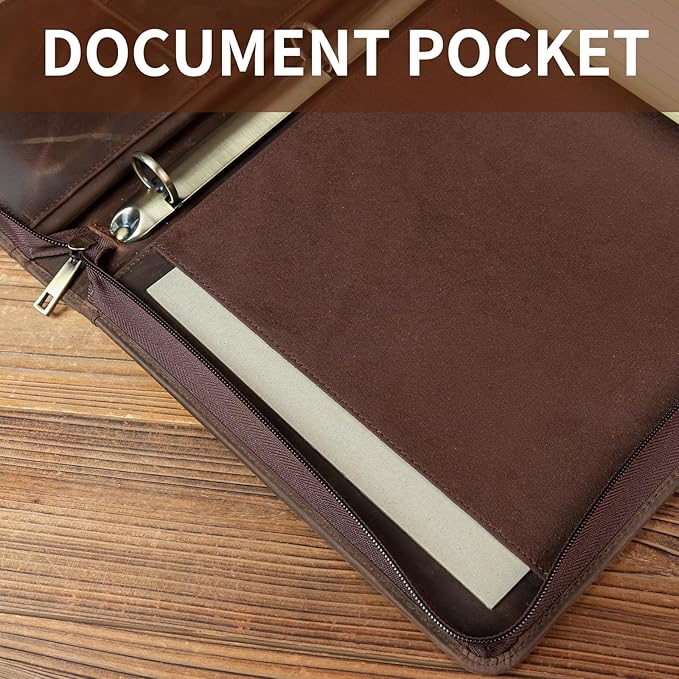 YIWEN Handmade Crazy-Horse Leather 3 Ring Binder Portfolio Padfolio Folder with Zipper for Men and Women, Business Organizer for Letter A4 Size for Meeting and Travel (Non-custom, Dark Khaki)