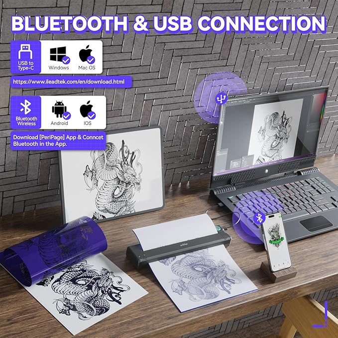 P90 Wireless Tattoo Stencil Printer - Professional & Beginner Friendly, Bluetooth & USB Connectivity, Free Stencil Paper Included