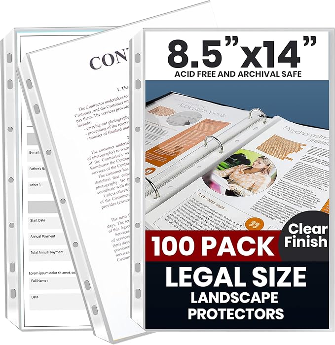 Performore 100 Pack of 8.5x14 Legal Size Heavyweight Clear Sheet Protectors, Plastic Legal Paper Sleeves, Clear Archival Quality, Long Sheet Protectors for Binders Documents