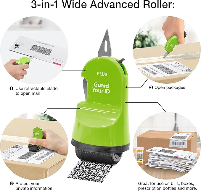 Guard Your ID 3 in 1 Wide Advanced Roller with Retractable Box & Envelope Opener and Identity Theft Prevention Security Stamp Green
