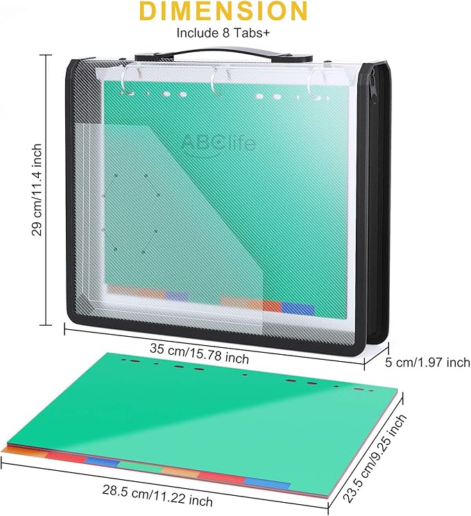 ABC life Zipper Binder with 8 Insertable Plastic Dividers, Document Folder 3 Ring Binder,Retractable Handle, Perfect for School,Project Organization, Holds 300 A4/Letter Size Papers,Black Transparent