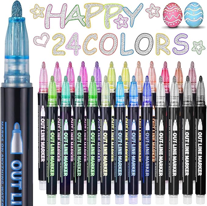 Easter Basket Essentials, 24 Colors Shimmer Glitter Markers Outline Pens, Easter Basket Stuffers for Teen, Teen Girl Gifts Trendy Stuff, Art Supplies Crafts Gifts for 4-12 Year Old Girls