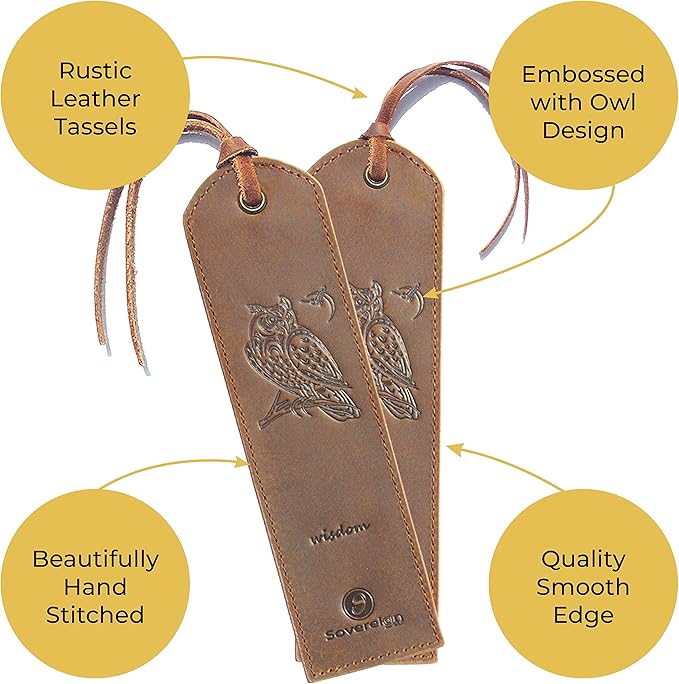 Leather Bookmarks for Men and Women | Quality Mens Bookmark with Wise Owl | 2 Smooth Handmade Leather Book Markers for Men Women Book Lovers Readers (7x2) Leather Gift | Sovereign-Gear