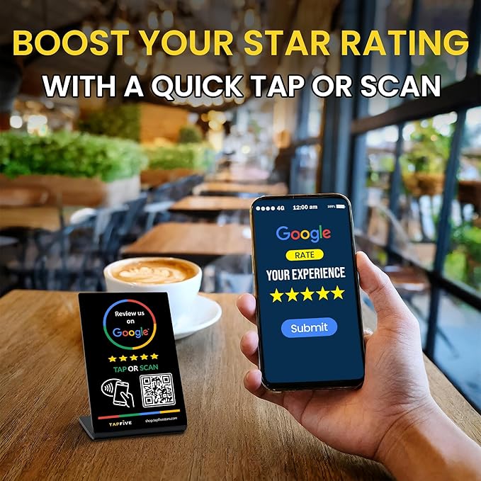 Tap Google Review Stands (3-Pack) by TapFive - Tap for Instant Reviews - All Phones Compatible - Reusable Smart Tap NFC & QR - Boost Business Reviews Zappy Fast - Powered by TapFive (Black, 3 Stands)