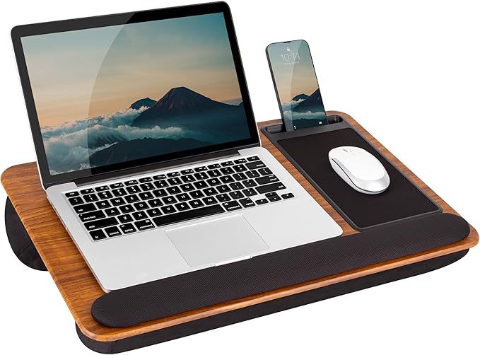 LAPGEAR Home Office Pro Lap Desk with Wrist Rest, Mouse Pad, and Phone Holder - Espresso Woodgrain - Fits up to 15.6 Inch Laptops - Style No. 91612