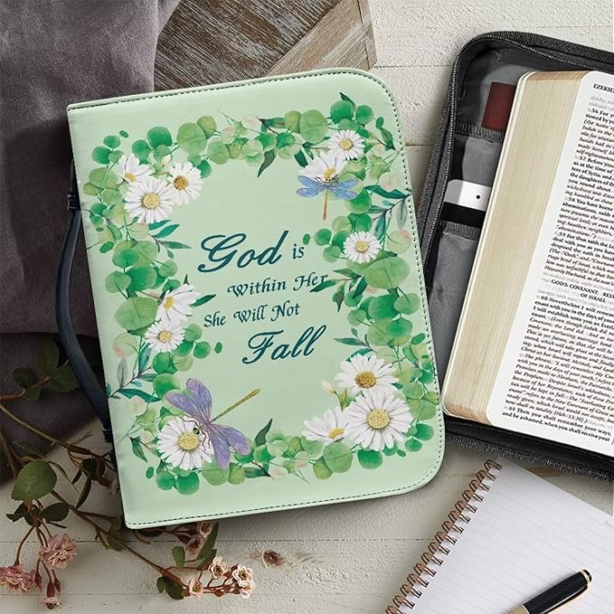 Lotusorchid Bible Book Cover for Women, Large Bible Cover Case with Verse, Sturdy Zippered Bible Carrying Case with Handle Pocket Portable Bible Bag for Bible Study, Green,M
