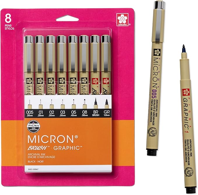 SAKURA Pigma Micron Fineliner Pens - Archival Black Ink Pens - Pens for Writing, Drawing, or Journaling - Assorted Point Sizes - 8 Pack