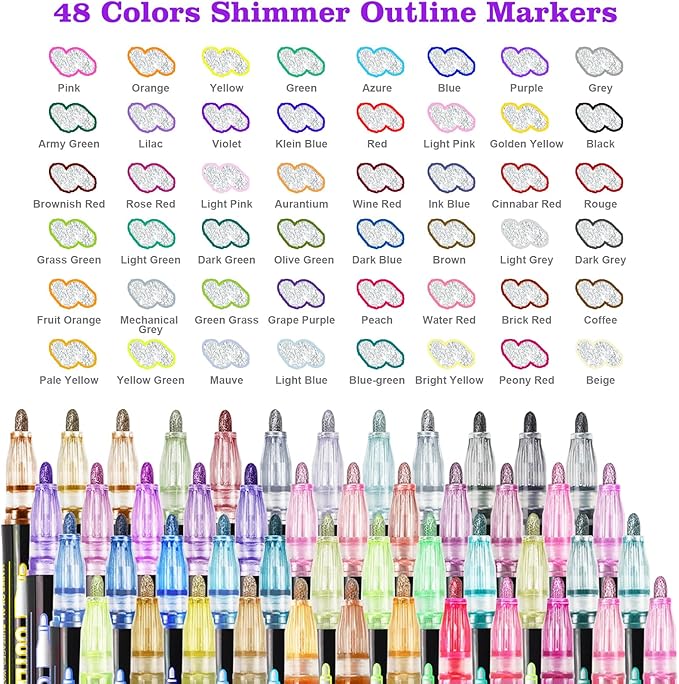Muchcute Shimmer Markers Outline Glitter Pens: 48 Stocking Stuffers Tween Teen Girl Gifts Trendy Stuff Cute Things Arts Crafts Art Supplies Kids Ages 4 5 6 7 8 9 10 12 14 16 18 Year Old Present Ideas