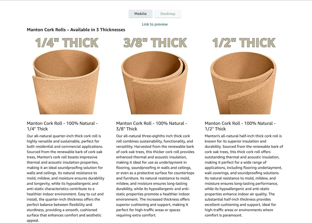 Manton Cork Premium Cork Roll - 4' x 4' x 1/4", 100% Natural Facing Grade Material for Bulletin Boards, Decorative Photo and Message Push Pin Displays - Perfect for Home, School, and Office