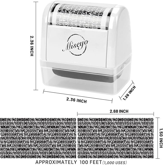 Miseyo Wide Identity Theft Protection Roller Stamp Set - White (3 Refill Ink Included)