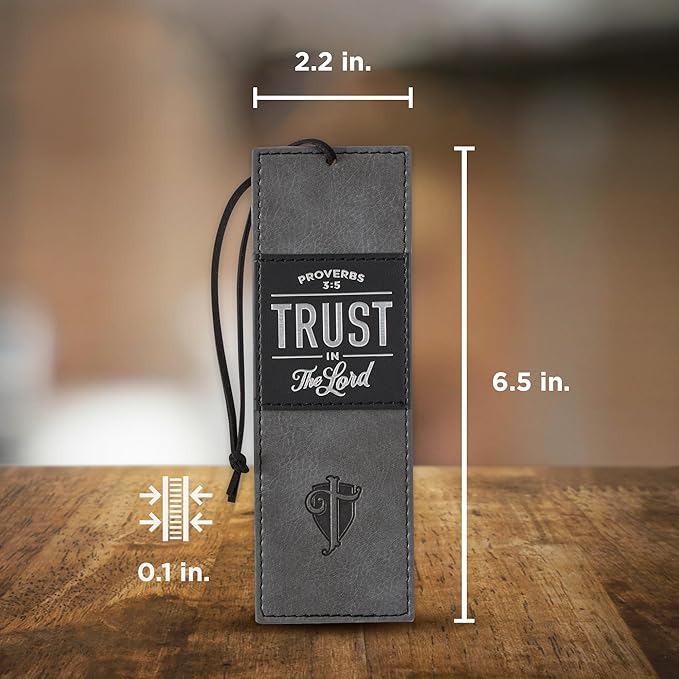 Christian Art Gifts Black Charcoal Gray Faux Leather Bookmark for Men: Trust in the Lord - Proverbs 3:5 Inspiring Bible Verse, Heat-debossed w/Silver Foil Accents Cross, Shield and Sturdy Leather Cord