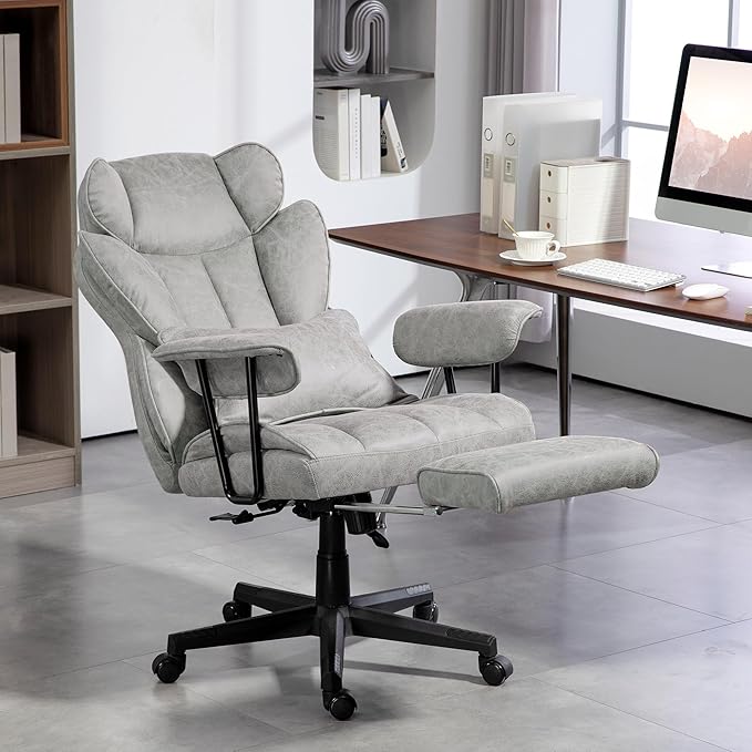 HOMCOM Executive Office Chair, 400LBS Big and Tall Office Chair with Foot Rest, Microfiber Computer Desk Chair with Lumbar Support, Reclining Function and Wide Seat, Gray
