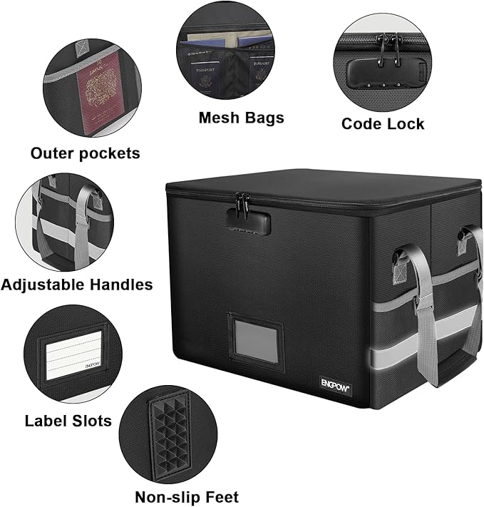ENGPOW File Box with Lock, Fireproof Document Box with Inserts,Collapsible File Storage Organizer Box Filing Box with Handle,Portable Home Office Safe Box for Hanging Letter/Legal Folder,2 Pack