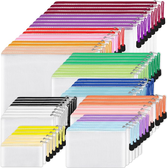 EOOUT 56pcs Mesh Zipper Pouch, Waterproof Zipper Bags, 8 Sizes Plastic Travel Pouch, 18 Colors, Multipurpose for Travel Storage, Office Appliances