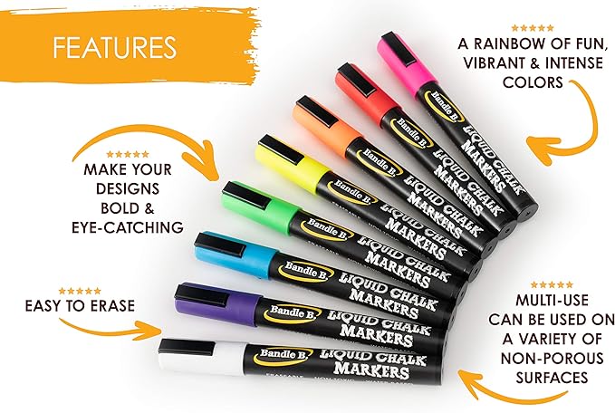 Chalk Markers - 8 Vibrant Fine Tip, Erasable, Non-Toxic, Water-Based, For Kids and Grown-Ups for Glass or Chalkboard Markers for Businesses, Restaurants, Liquid Chalk Markers (Vibrant 1mm)