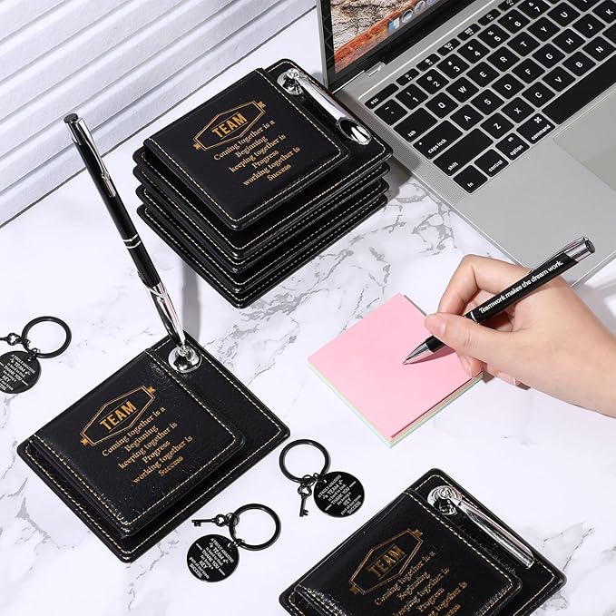12 Set Employee Appreciation Gifts Bulk Inspirational Gifts Team Gift Bag PU Leather Notepad Holder with Pen Holder Team Keychain Ballpoint Pen Bulk Gifts for Colleagues Employees(Team)