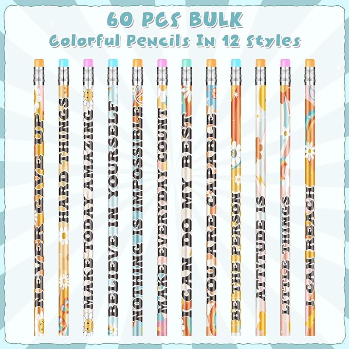 60 Pcs Retro Motivational Pencils Bulk, Inspirational School Pencils for Classroom, Cute Wood Pencils with Encourage Positive Saying, Back to School Supplies for Kids Student Teacher Classroom Reward