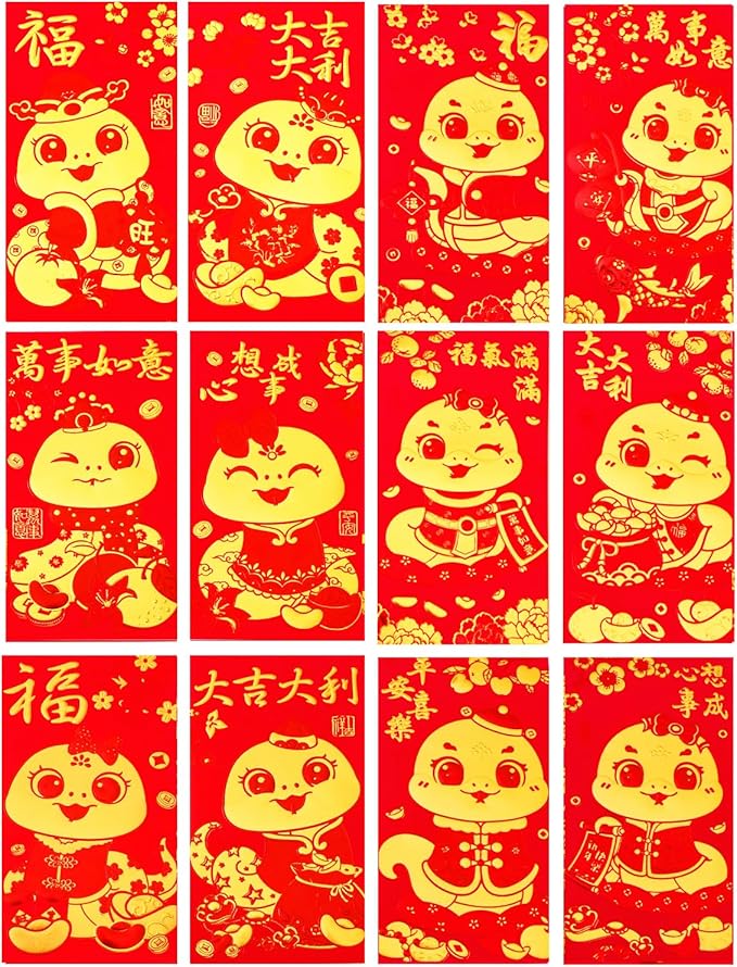 36PCS 2025 Snake Year Chinese Red Envelopes, 2025 Chinese New Year Red Envelopes, Hong Bao Red Packets Lucky Money Envelope for Spring Festival Wedding Birthday (Cute 12 Styles, Large)