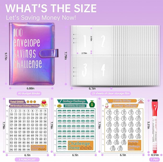 100 Envelopes Challenge Binder Savings Challenges Book, A5 Money Saving Planner Cash Envelope Budget Binder with Erasable Pen, Easy and Fun Way to Save $5,050, 10,000 and $500 (Dazzle Pink)