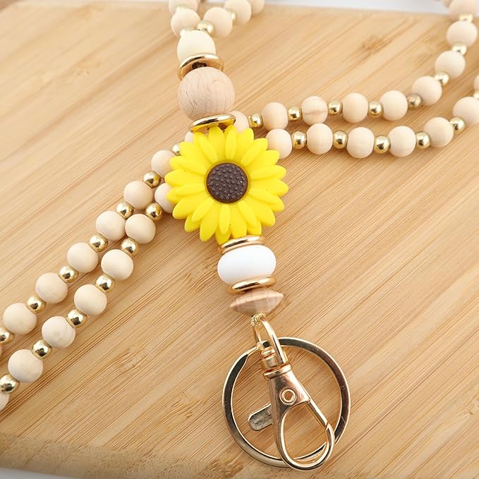 Wooden Teacher Lanyards for Id Badge Cute Flower Wood and Gold Beaded Lanyards for Women for Nurse Badge