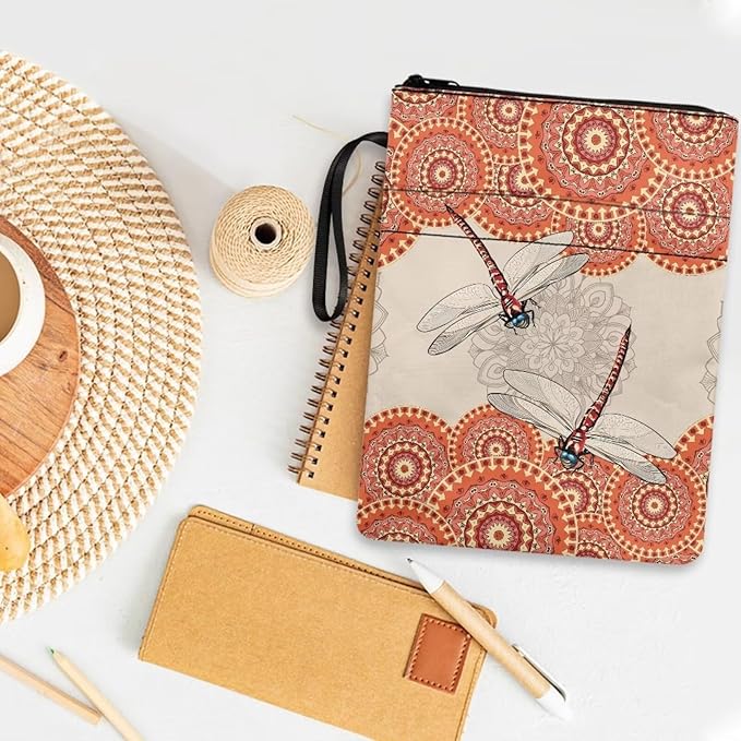 COEQINE Dragonfly Book Sleeve Vintage Mandala Book Cover for Hard Cover Paperbacks Portable Chain Front Pocket for Women Girls,Orange