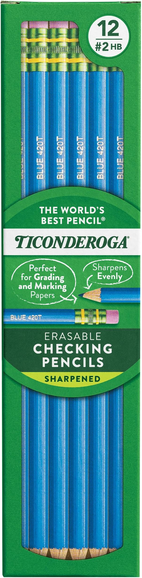 Ticonderoga Erasable Checking Wood-Cased Pencils, Pre-Sharpened, Blue, 12 Count