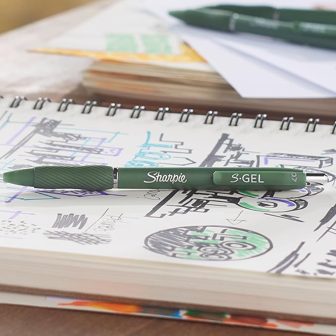 SHARPIE S-Gel, Gel Pens, Drawing Pens, Gel Ink Pens For Journaling, Writing Pens, Coloring Pens, Medium Point Pens (0.7Mm), Green Barrel, Black Ink, 4 Count