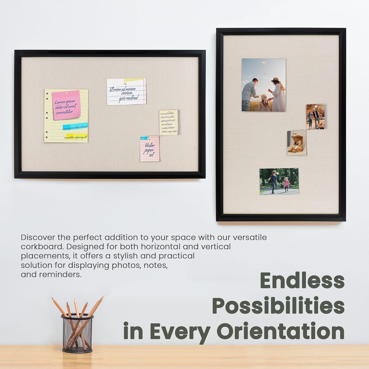 Bulletin Board Cork Board with Linen, 100% Wood Framed 24" x 36" Bulletin Board Decorations, Pin Boards for Walls, Wall Mounted Fabric Picture Board with 10 Pushpins for School, Home & Office, Black