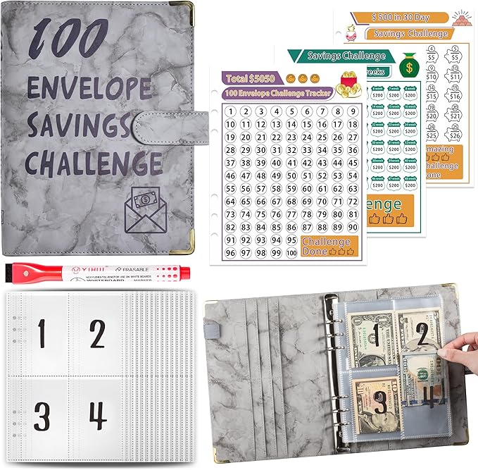 100 Envelopes Challenge Binder Savings Challenges Book, A5 Money Saving Planner Cash Envelope Budget Binder with Erasable Pen, Easy and Fun Way to Save $5,050, 10,000 and $500 (Marble Gray)