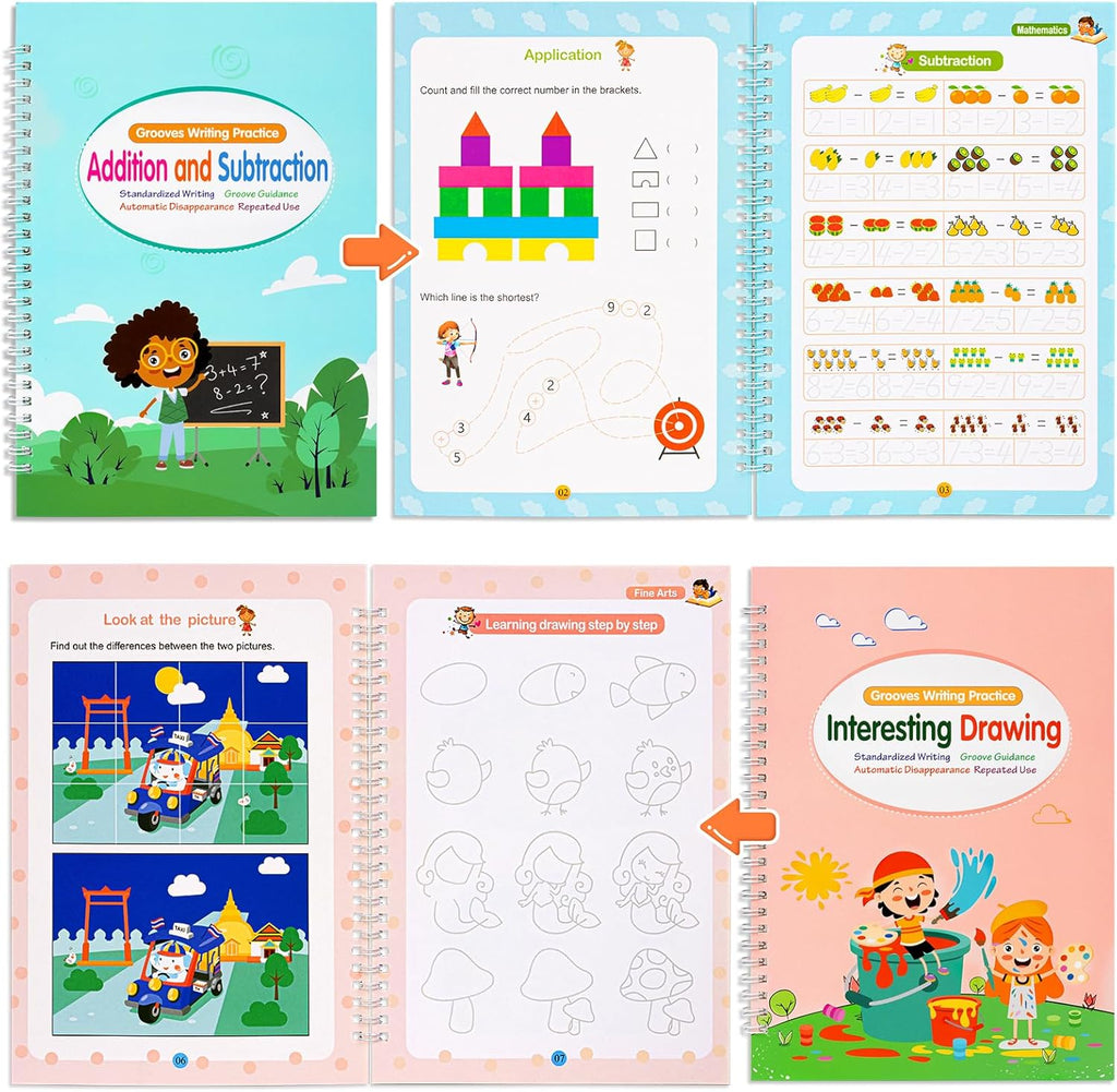 Large Size Grooved Writing Books for Kids Age 3-5 6-8, 8 Pack Magic Grooved Writing Practice Copybooks, Handwriting Prastice with Cute Fade-Resistant Pens, Workbooks Number Letter Tracing for Kids