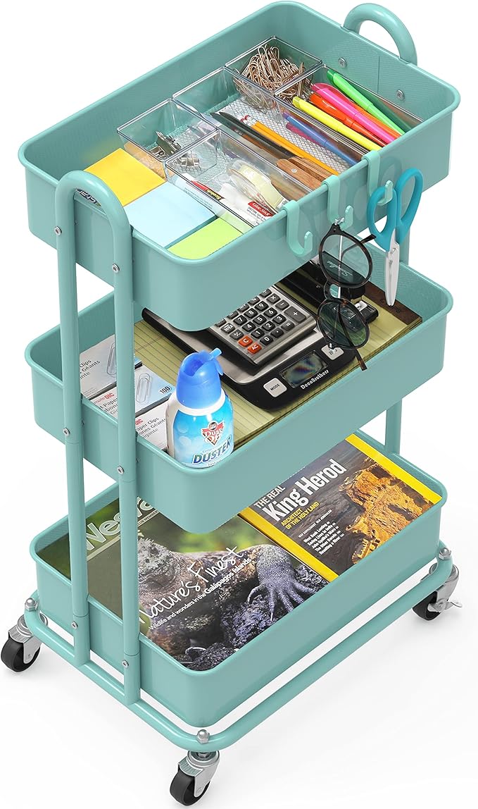 Simple Houseware Heavy Duty 3-Tier Metal Utility Rolling Cart, Turquoise