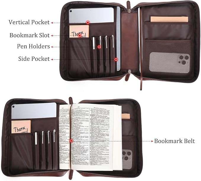 Polare Cowhide Leather Bible Cover Church Bag Bible Protective Book Holder Carrying Case Folder Organizer Portfolio (Coffee)