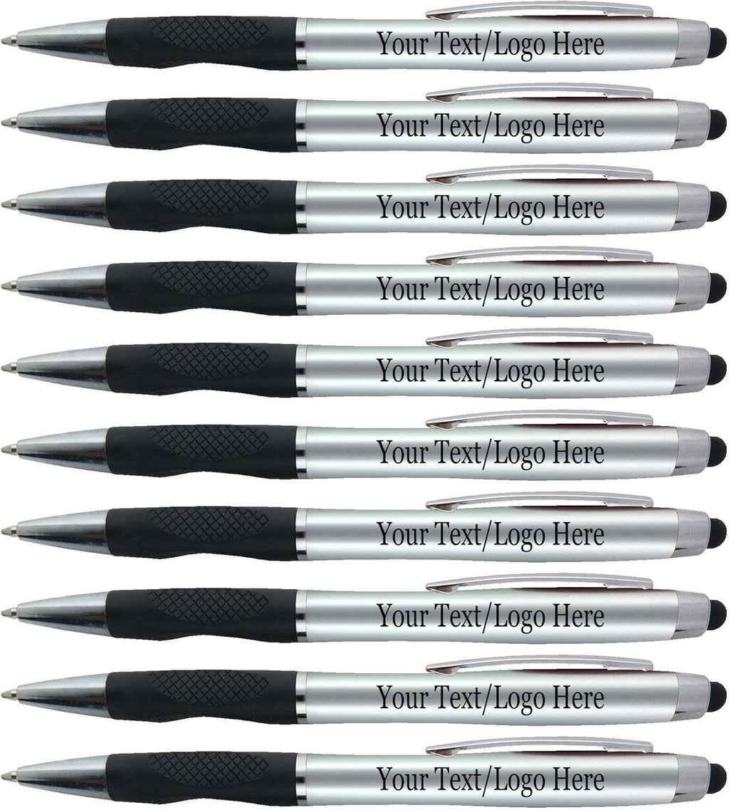 Personalized Pens With your Custom Logo or Text-300 Pack Bulk-for Businesses, Parties, and Events, 2 in 1 Ballpoint Pen + Capacitive Stylus for Touchscreen Devices, Silver Barrel, Blue Ink