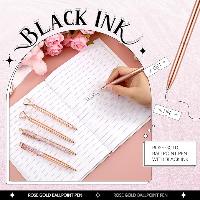 Supervitae 8 Pcs Ballpoint Pen for Women Fancy Gifts for Journaling Liquid Sand Glitter Black Ink Pens Bridal Shower Gifts for Wedding Women Office Desk School Stationery Supplies(Rose Gold)