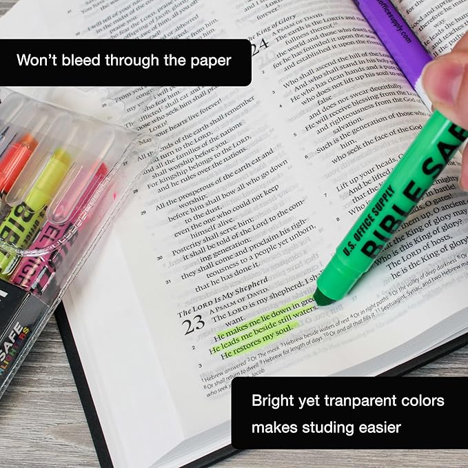 U.S. Office Supply Bible Safe Gel Highlighters, 6 Pack Set - 6 Different Bright Neon Fluorescent Highlight Colors Yellow, Orange, Pink, Purple, Green, Blue - Won't Bleed, Fade or Smear - Study Guide