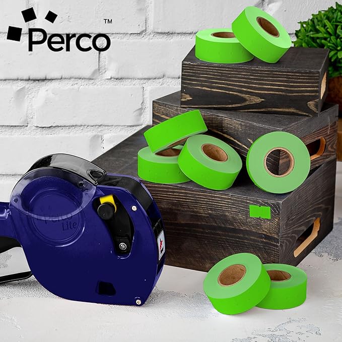 Perco 1 Line Fluorescent Green Labels - 8 Rolls, 1 Sleeve, 8,000 Blank Price and Date Gun Labels for Perco 1 Line Price and Date Guns - Made in USA
